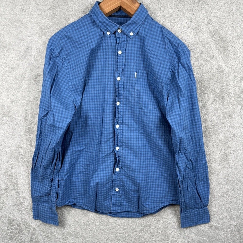 Johnnie-O Button Down Shirt Mens L Blue Plaid Gingham Check Cotton Casual L/S